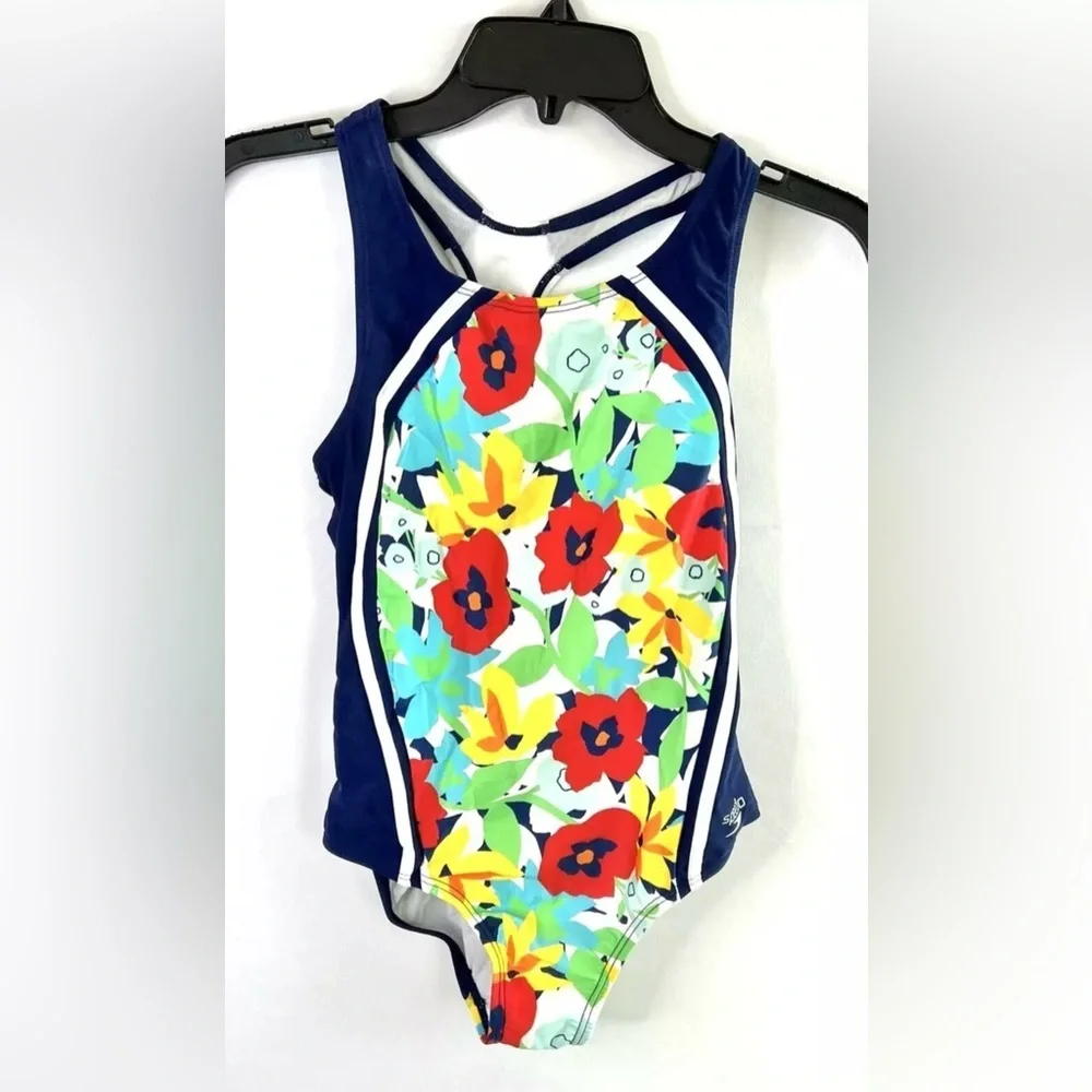 Speedo Girl’s Thick Strap Blue Multicolor One Piece Swimsuit Size 14